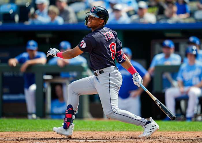 Sep 20, 2023; Kansas City, Missouri, USA; Cleveland Guardians shortstop Jose Tena (8) bats during the fourth inning against the Kansas City Royals at Kauffman Stadium.